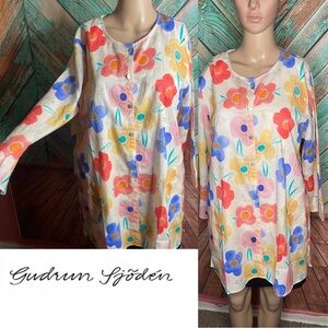 Gudrun Sjoden Aquarelle Woven Floral Button Up Tunic In Organic Cotton